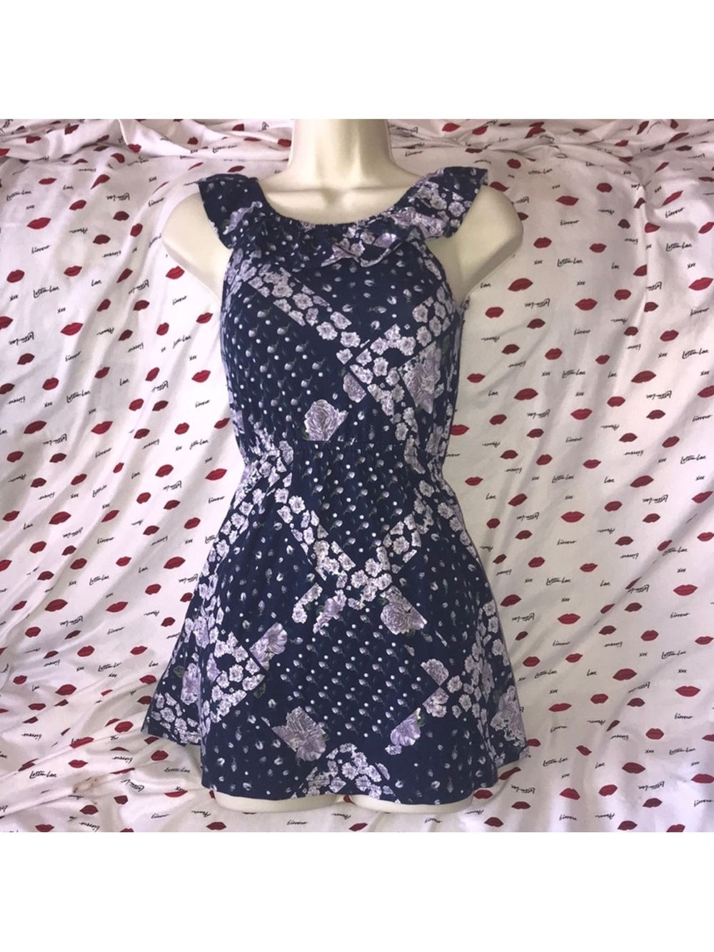 Blue purple green Sleeveless small stretchy Floral Fit-and-Flare Dress
